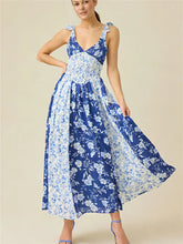 Blue floral print patchwork smocked maxi dress front view