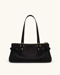 Black leather tote bag with gold lock detail, front view