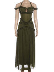 Ruffled Edge Slash Neck Frill Maxi Dress
