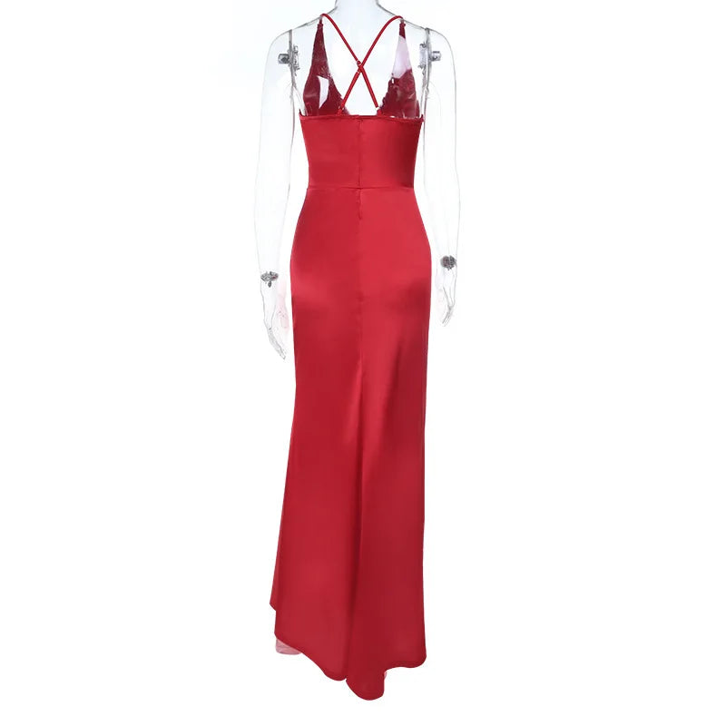 Red dress on a mannequin against a white background
