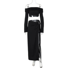 Black off-shoulder top and long skirt set on a mannequin against a white background