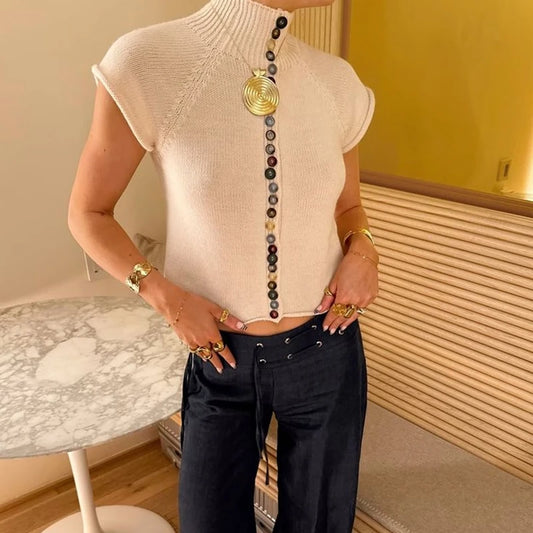 Turtleneck high neck knit short sleeve button front crop top