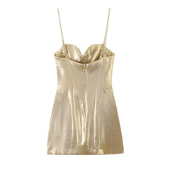 Back view of metallic cowl neck mini dress