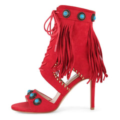 Fringe Jewel Tassel Rivet Stiletto Ankle Boots