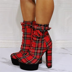Plaid platform lace-up chunky heel boots
