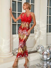 Red & Gold Feather Sequin Patchwork Strapless Gown
