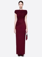 Draped Fold Detail Cap Sleeve Maxi Dress in burgundy