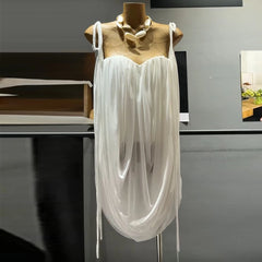 White Strapless Folds Drawstring Top