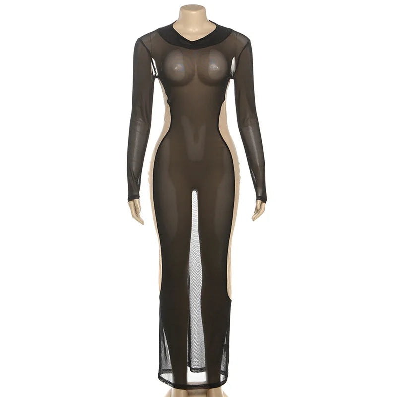Black mesh bodysuit on a mannequin against a white background