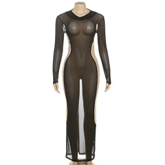 Black mesh bodysuit on a mannequin against a white background