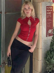 Collared Button-Front Cutout Knit Top