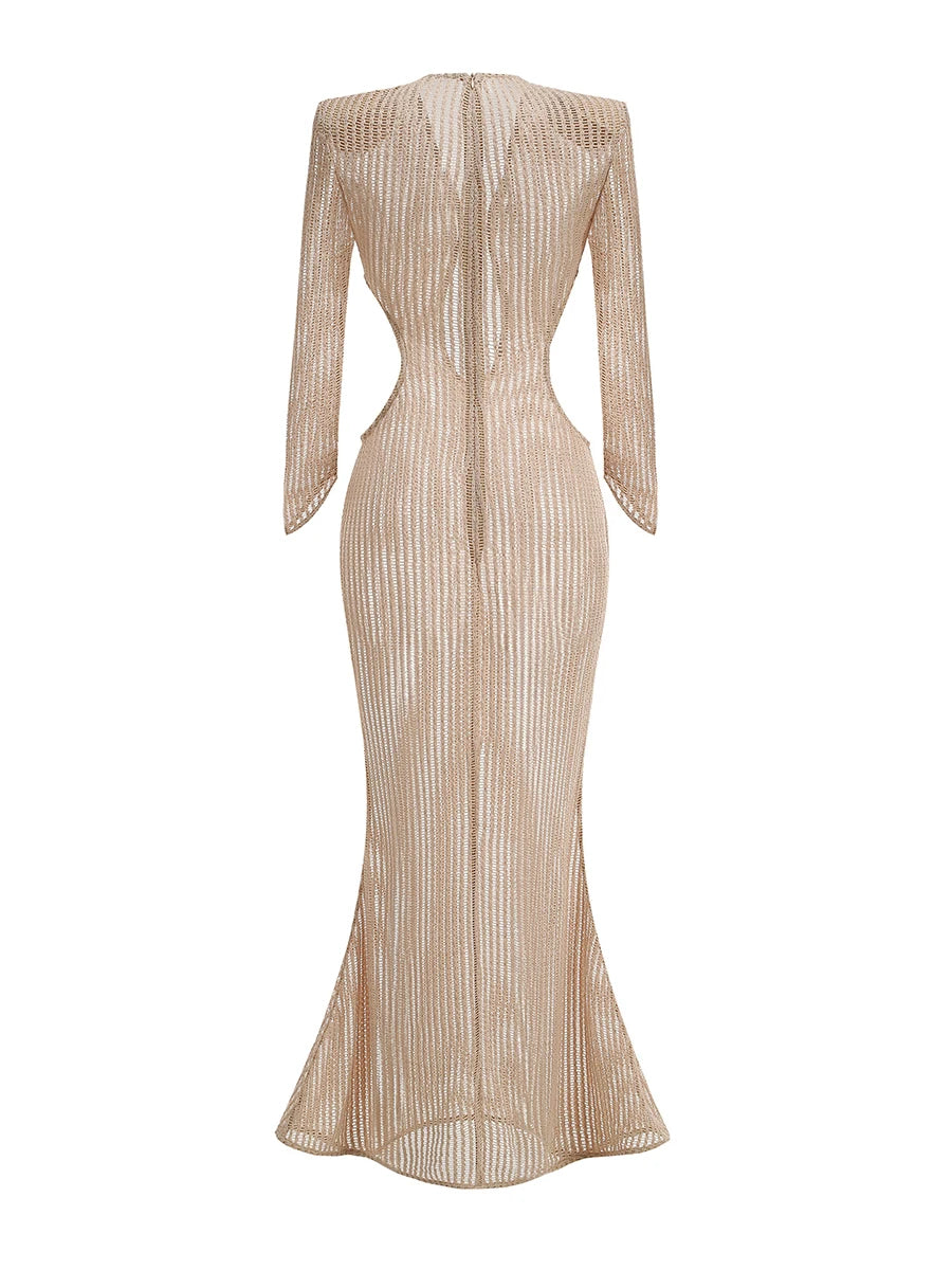 Beige evening gown with long sleeves on a white background