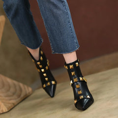 Studded Pointed Toe Block Heel Boots