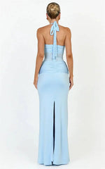 Blue Lace Ruched Front Split Maxi Dress