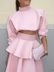 Pink High Neck Top & Ruffle Midi Skirt Set – Elegant Two-Piece Spring Outfit