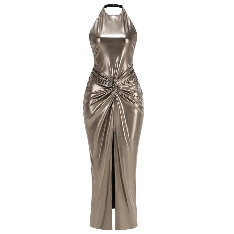 Metallic halter neck dress with a front slit on a white background