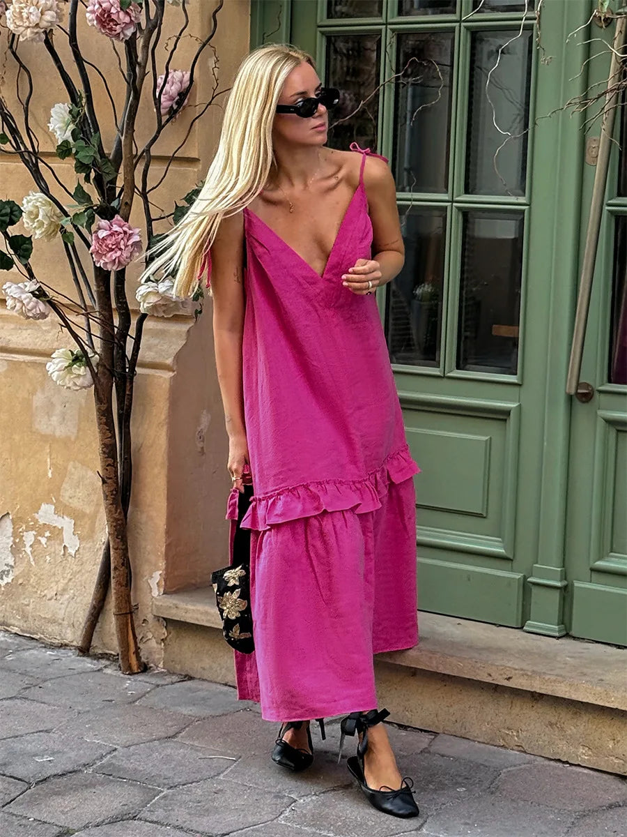 Spaghetti strap ruffled V-neck dress