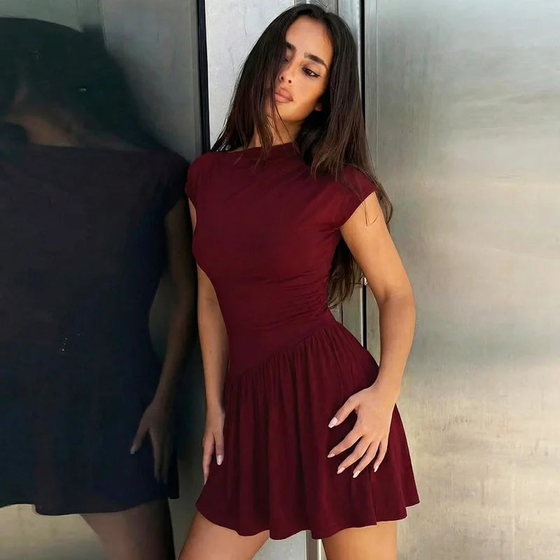 Ruched mock neck short sleeve dress