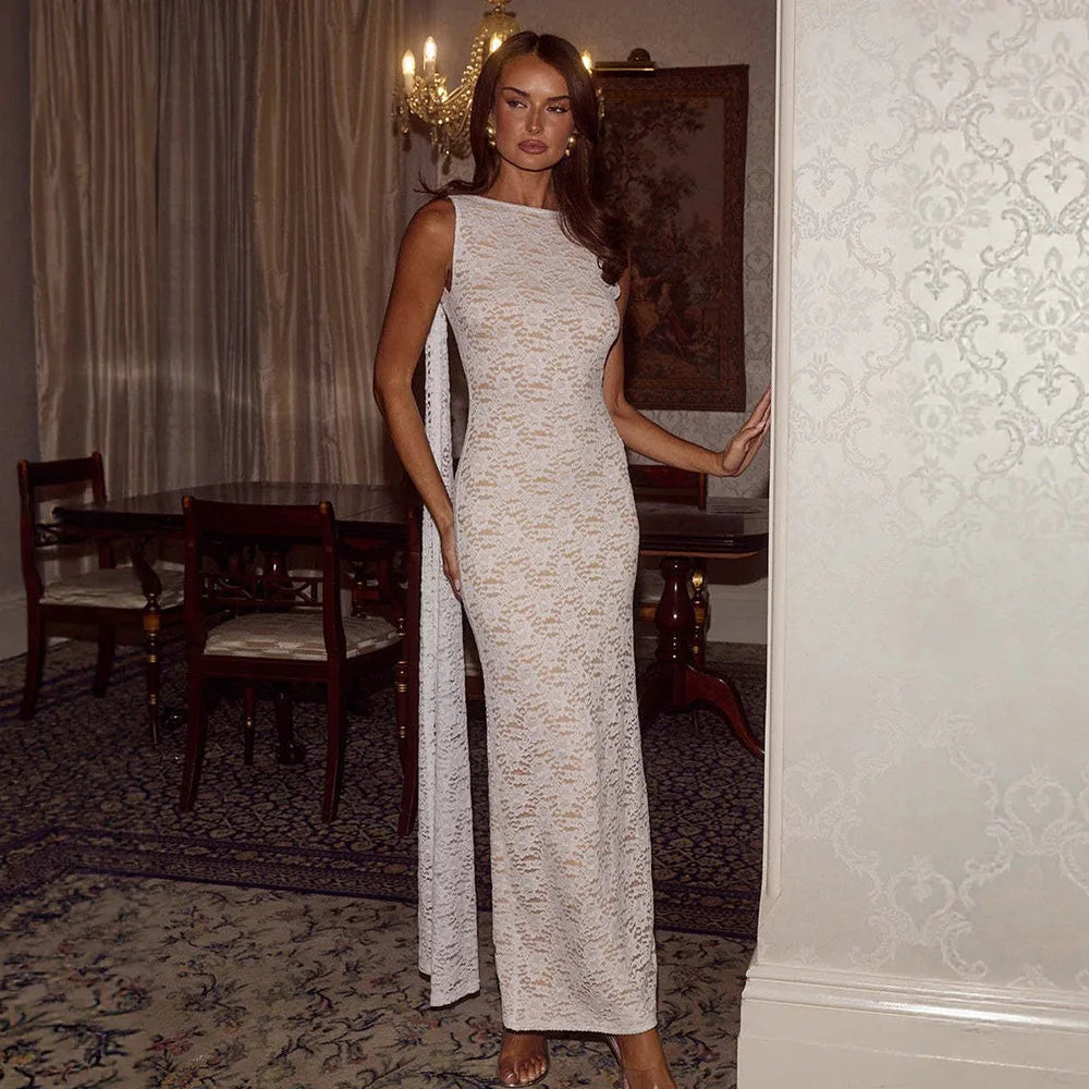 White lace maxi dress with ribbon detail front view