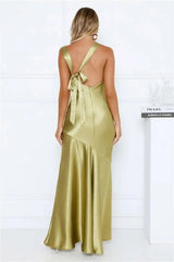 Satin Backless Asymmetrical Hem Maxi Dress