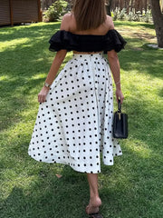 Polka Dot Halter Crop Top & High-Waist Midi Skirt Set