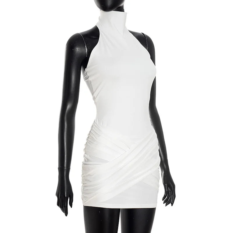 White halter neck dress on a mannequin against a white background