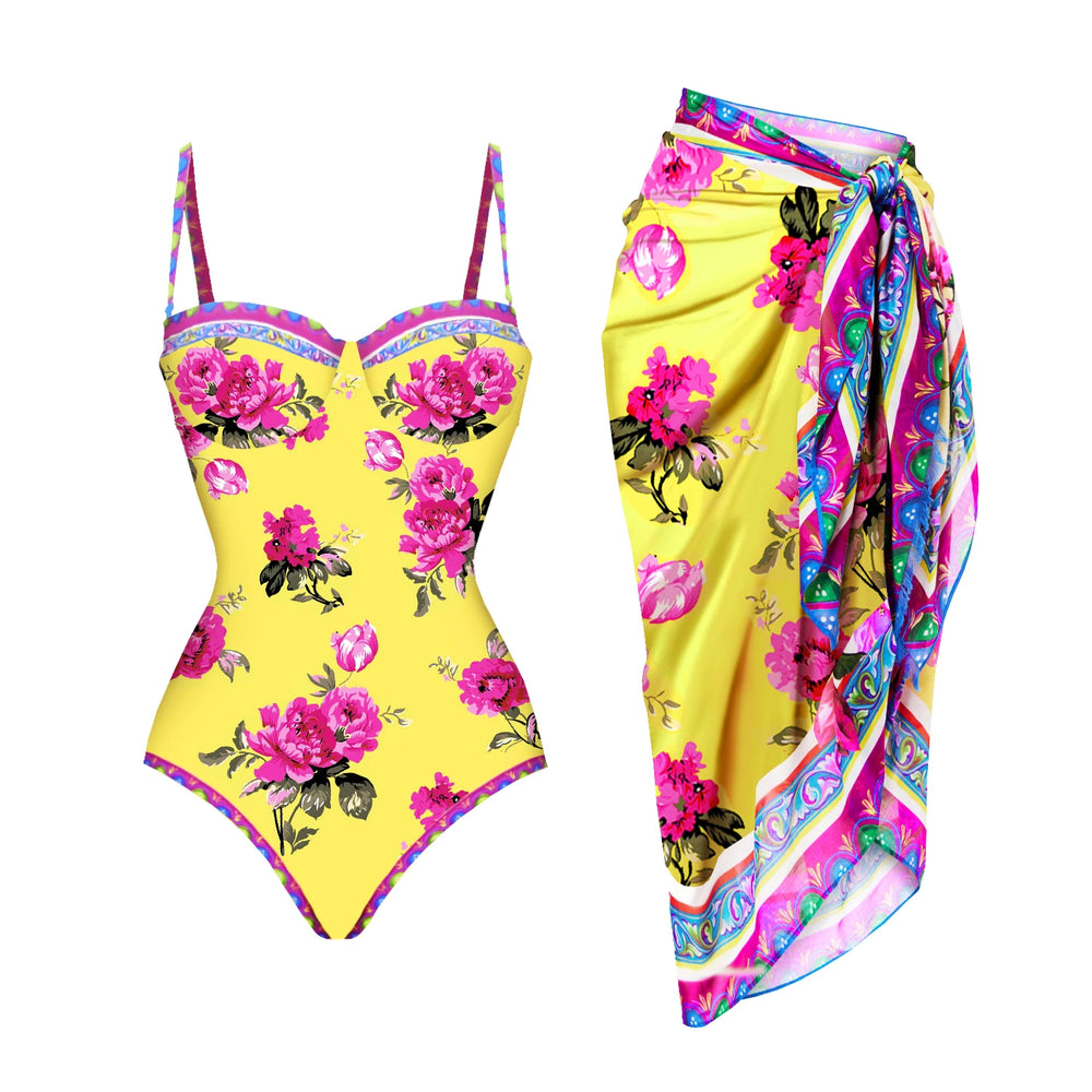 Yellow floral print sweetheart neckline one-piece swimsuit with adjustable straps and matching yellow sarong