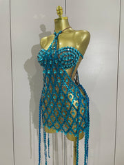 High Choker Neck Diamond Mesh Mini Dress