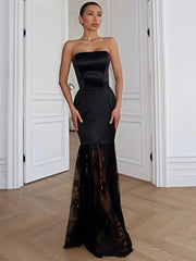 Strapless lace patchwork maxi dress in black