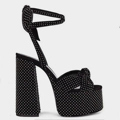 Floral Platform Bow Ankle Strap Heels