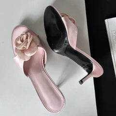 Flower Embellished Kitten Heel Mules