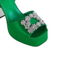 Satin Platform Crystal Embellishment Block Heels