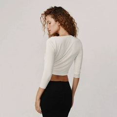 Ruched Wrap Neck 3/4 Sleeve Crop Top