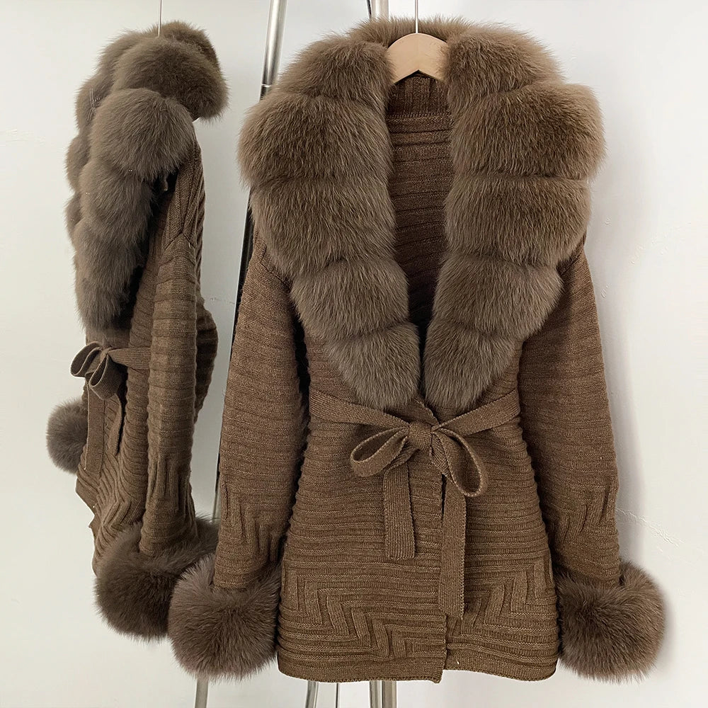 Brown knit cardigan with brown fur trim and belt
