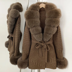 Brown knit cardigan with brown fur trim and belt