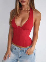 Red plunge halter corset top