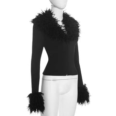 Faux Fur Trim V Neck Zip Front Cropped Jacket