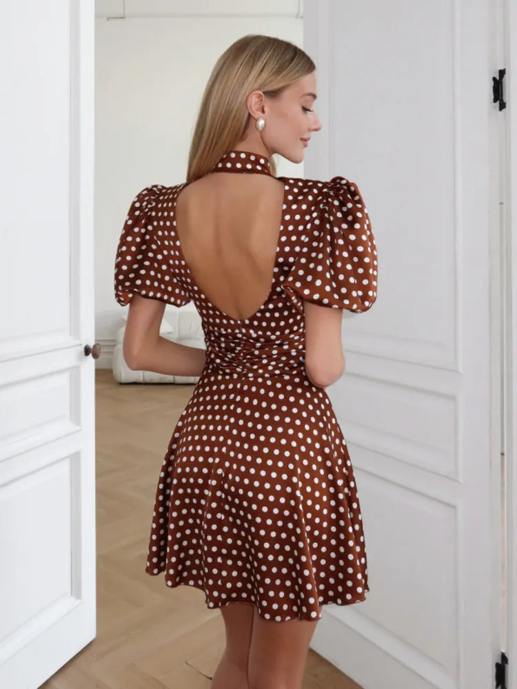 Polka dot keyhole neck puff sleeve dress back view