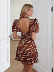 Polka dot keyhole neck puff sleeve dress back view