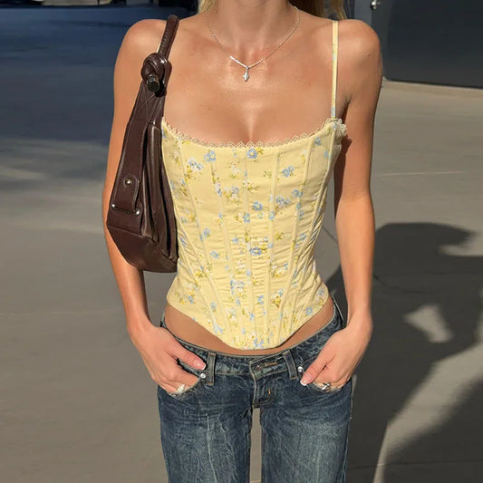 Floral print corset top with spaghetti straps and lace-up back