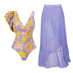 Tie-Strap V-Neck One-Piece Swimsuit with Matching Sarong Set