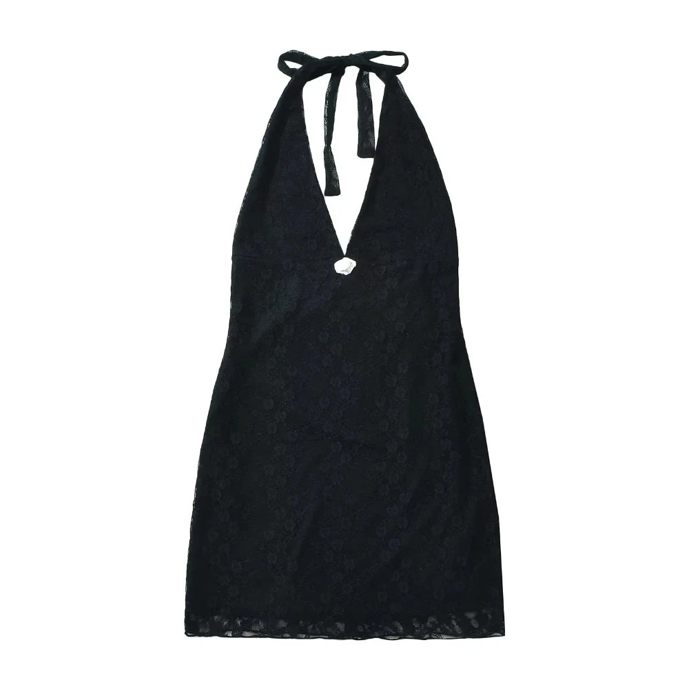 Black halter neck dress on a white background