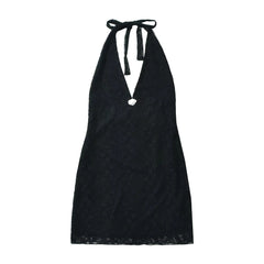 Black halter neck dress on a white background