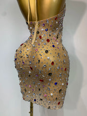 Halter Neck Sleeveless Mini Crystal Embellished Mesh Dress