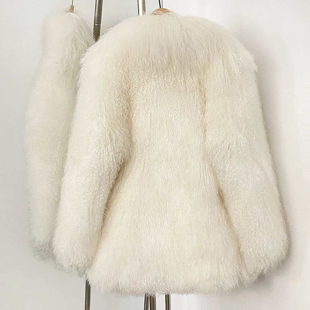 White fluffy coat on a mannequin against a white background