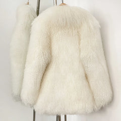 White fluffy coat on a mannequin against a white background