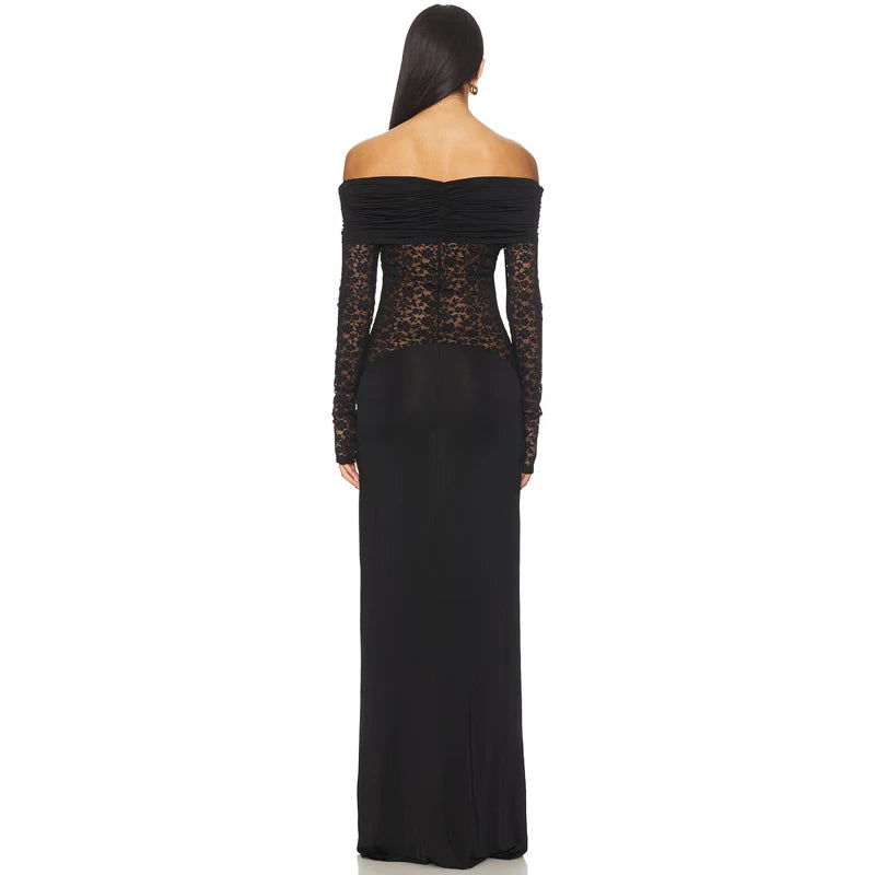 Off-shoulder lace panel gown back view