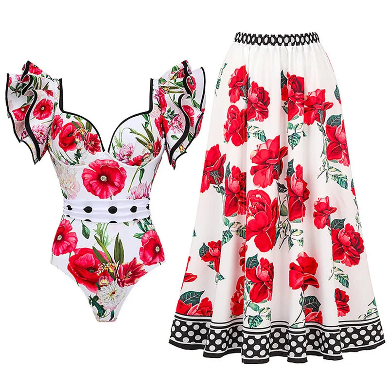 Ruffle sleeve swimsuit and maxi skirt set