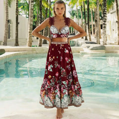 Burgundy Floral Print Two-Piece Swimsuit