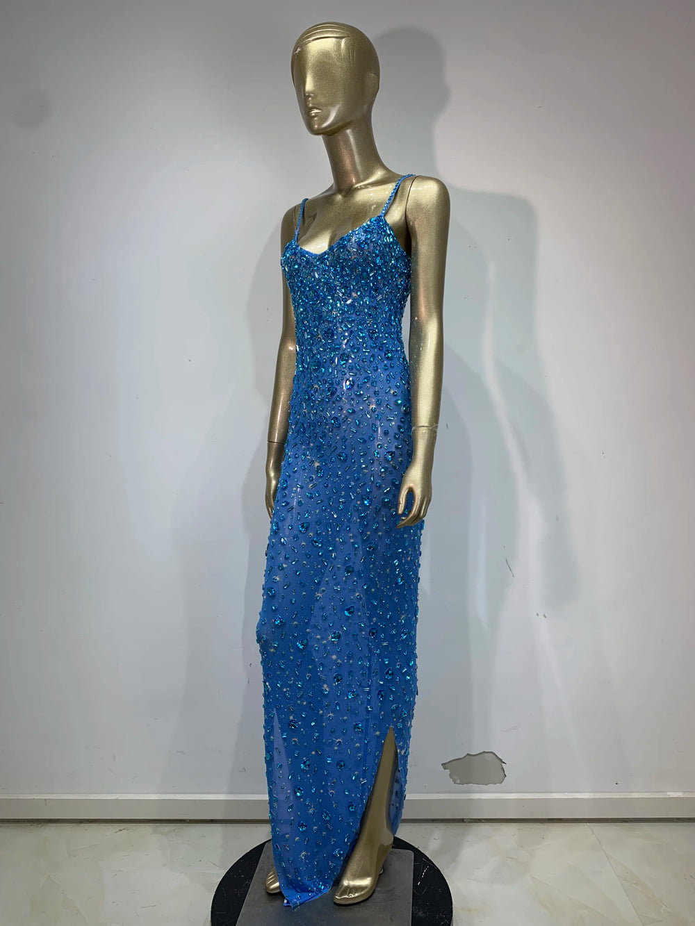 Blue embellished spaghetti strap floor-length dress